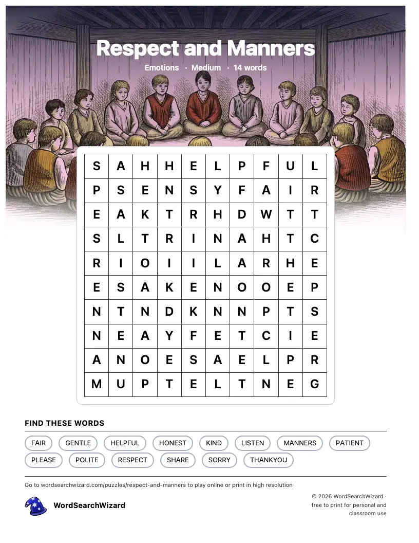 Respect and Manners word search printable sheet, 14 words to find