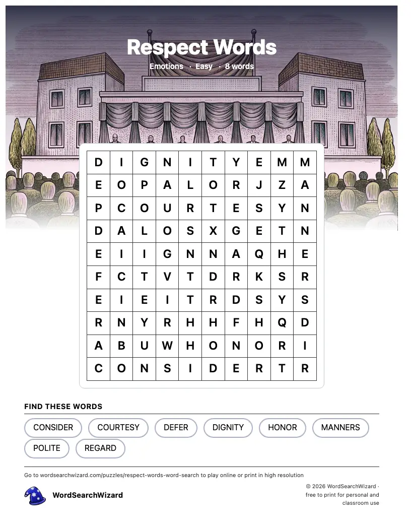 Respect Words word search printable sheet, 8 words to find