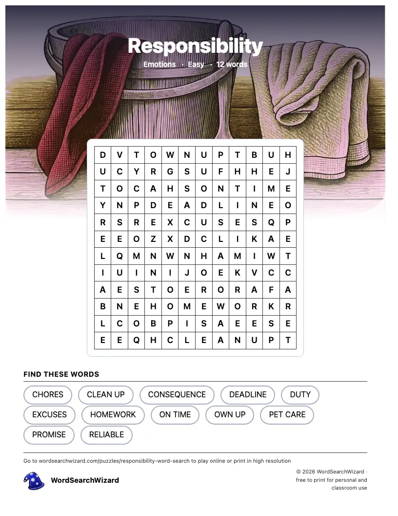 Responsibility word search printable sheet, 12 words to find