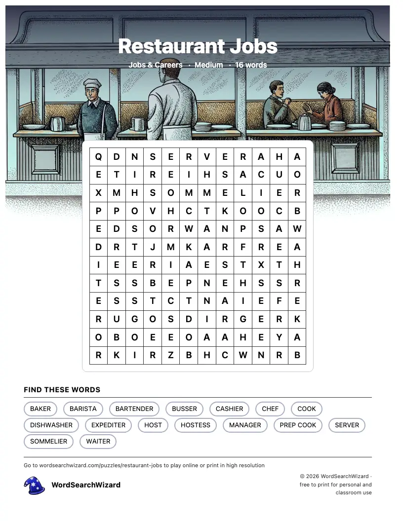 Restaurant Jobs word search printable sheet, 16 words to find
