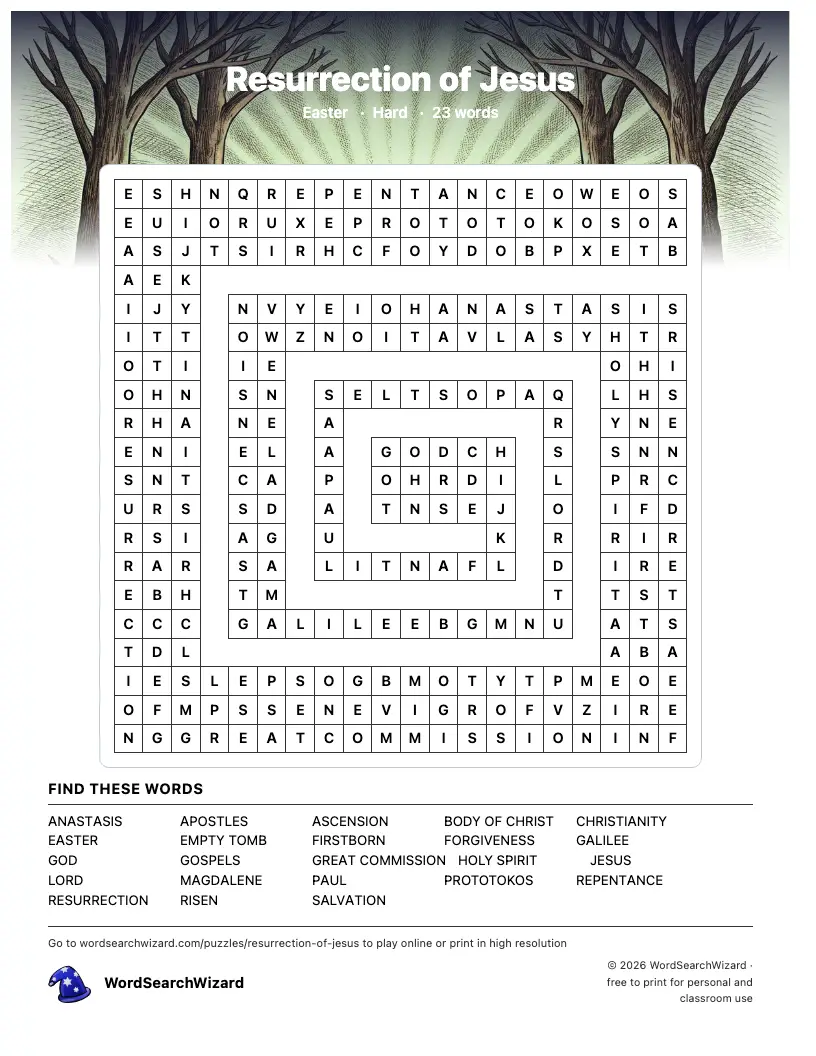 Resurrection of Jesus word search printable sheet, 23 words to find