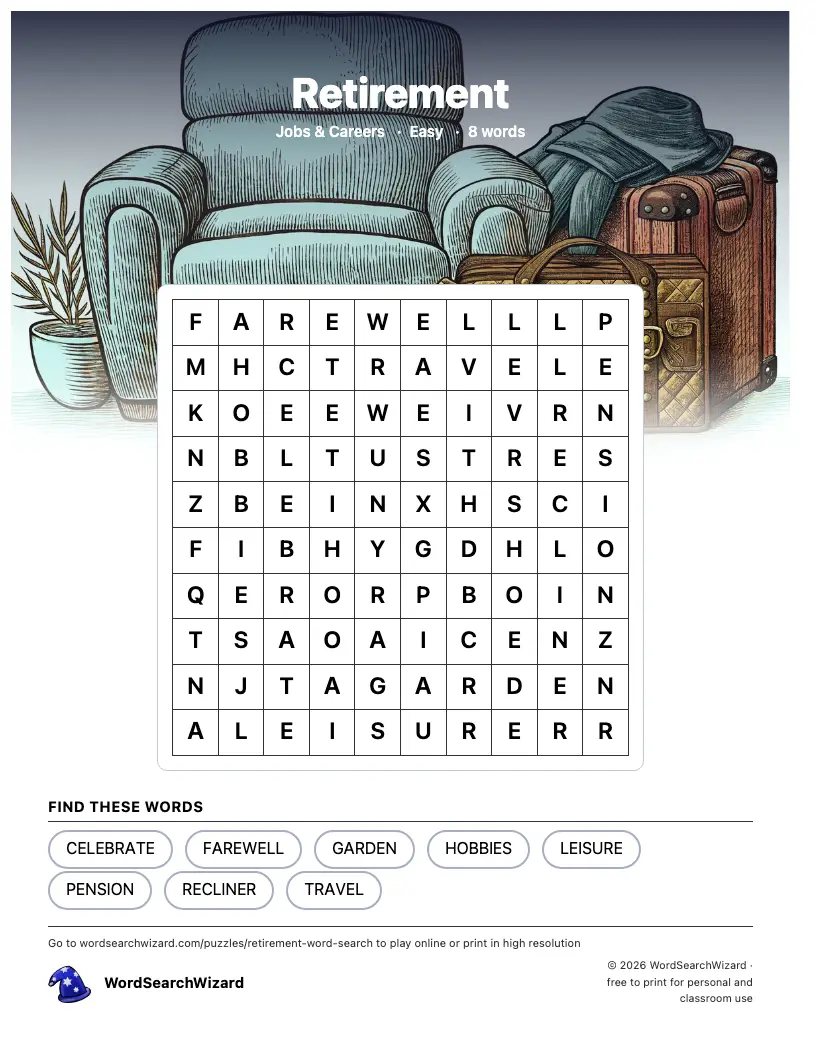 Retirement word search printable sheet, 8 words to find