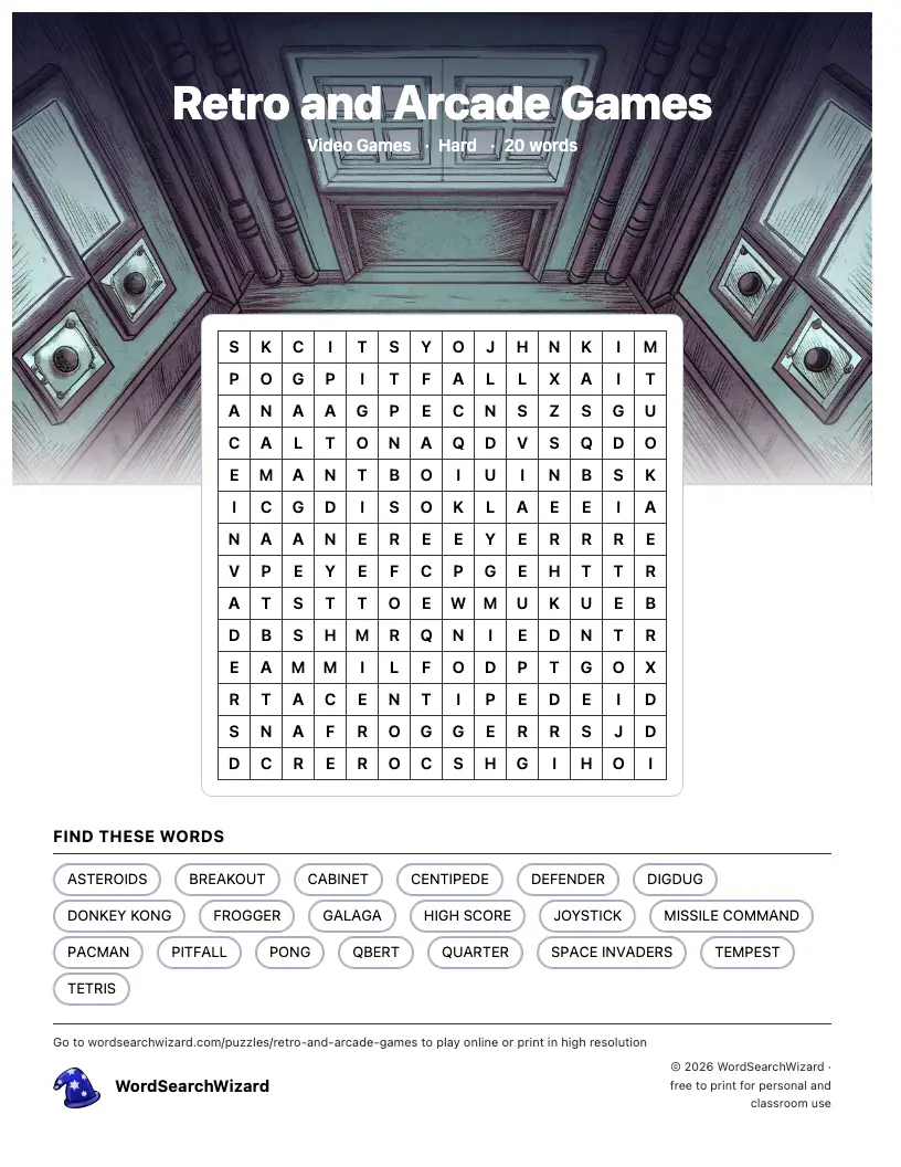 Retro and Arcade Games word search printable sheet, 20 words to find