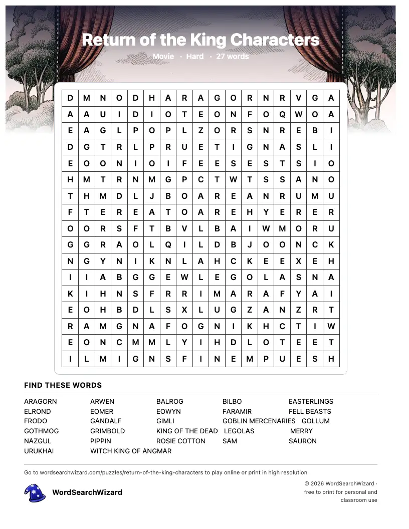 Return of the King Characters word search printable sheet, 27 words to find