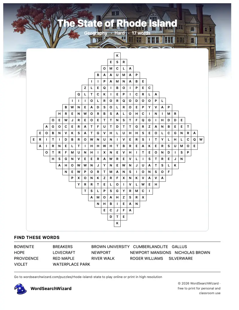 The State of Rhode Island word search printable sheet, 17 words to find