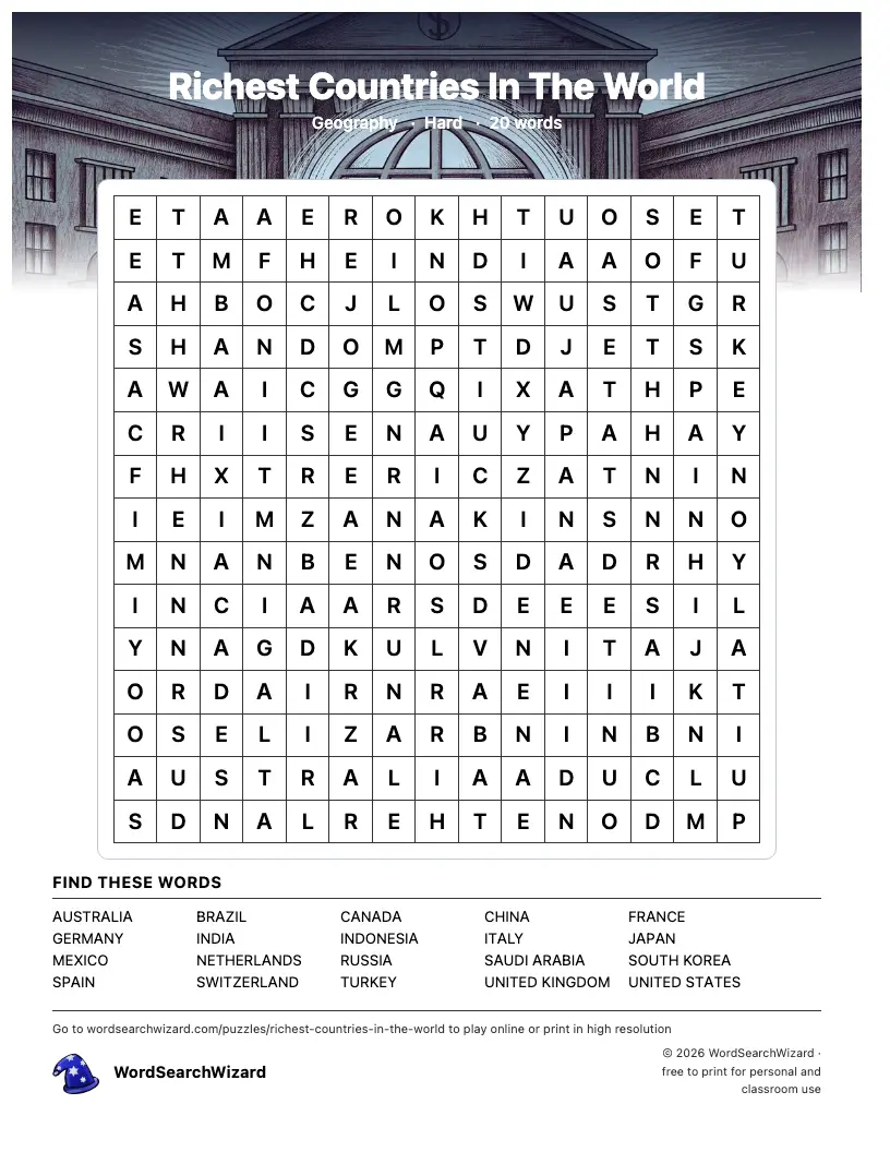 Richest Countries In The World word search printable sheet, 20 words to find