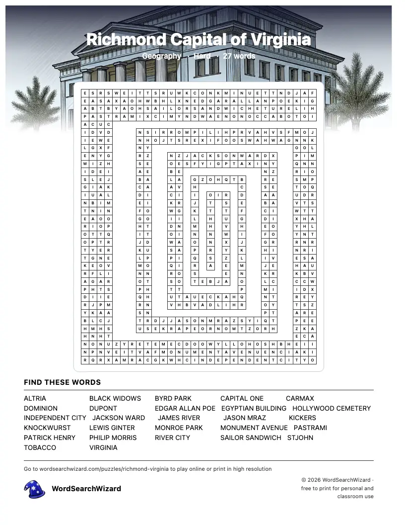 Richmond Capital of Virginia word search printable sheet, 27 words to find