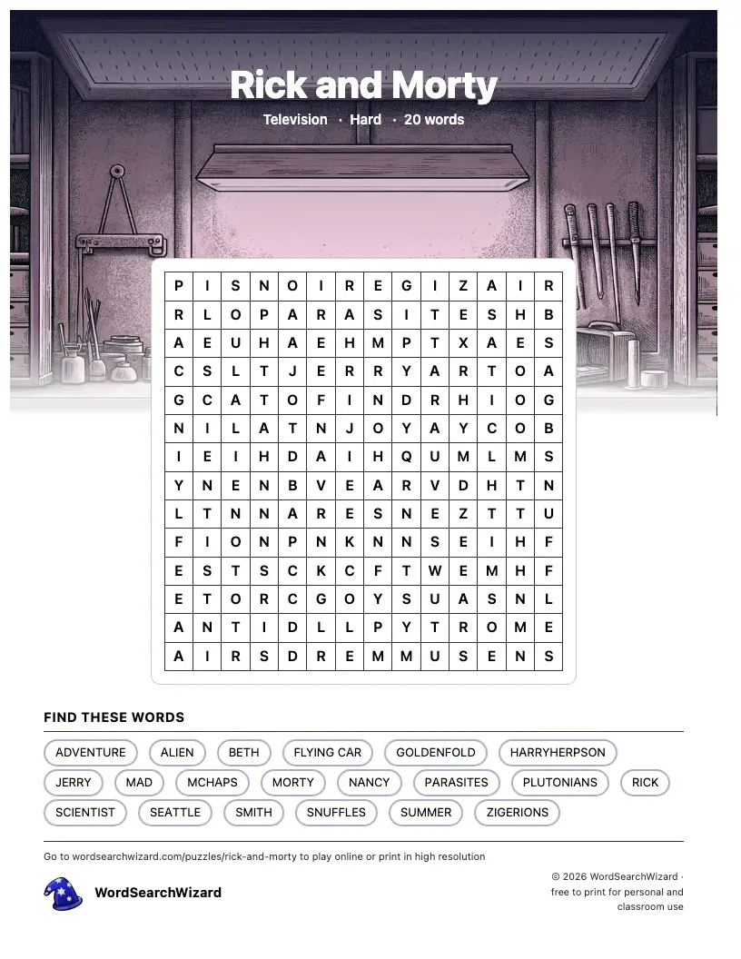 Rick and Morty word search printable sheet, 20 words to find