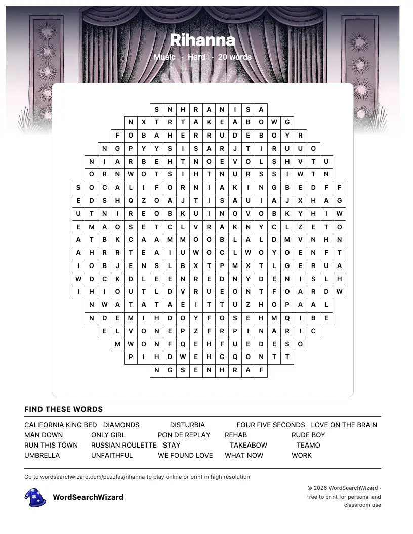 Rihanna word search printable sheet, 20 words to find