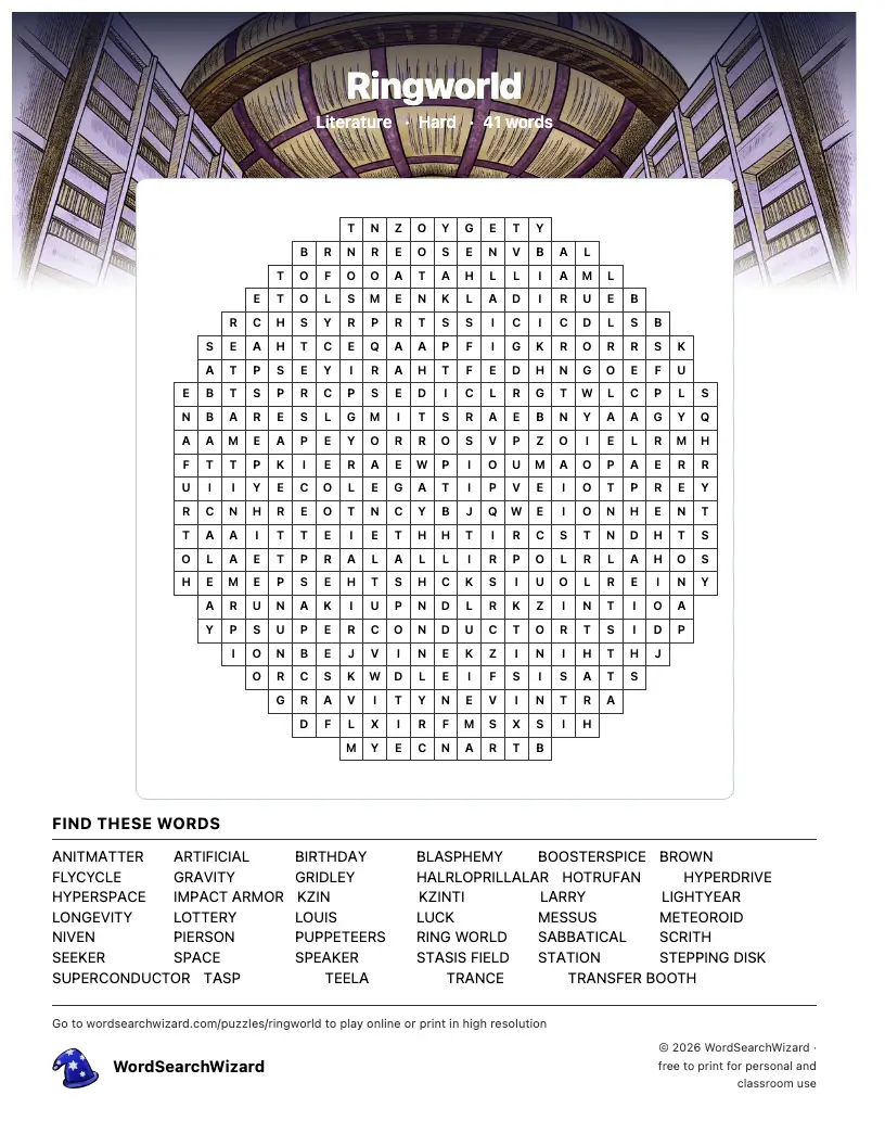 Ringworld word search printable sheet, 41 words to find