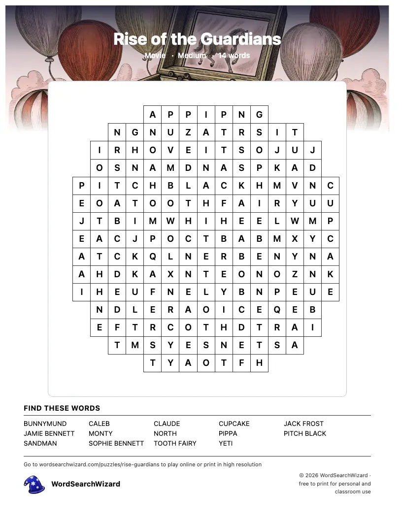Rise of the Guardians word search printable sheet, 14 words to find