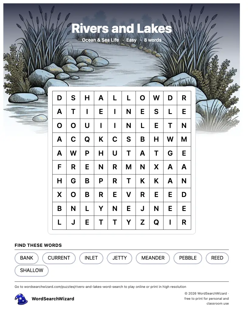 Rivers and Lakes word search printable sheet, 8 words to find