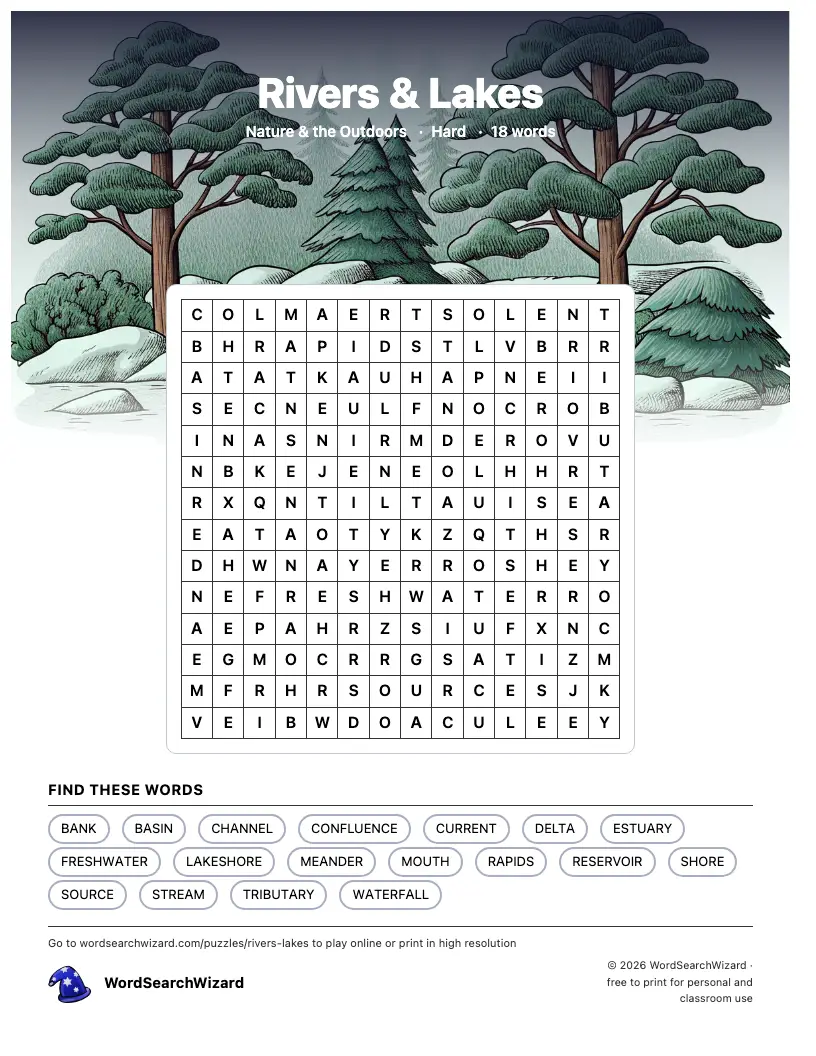 Rivers & Lakes word search printable sheet, 18 words to find