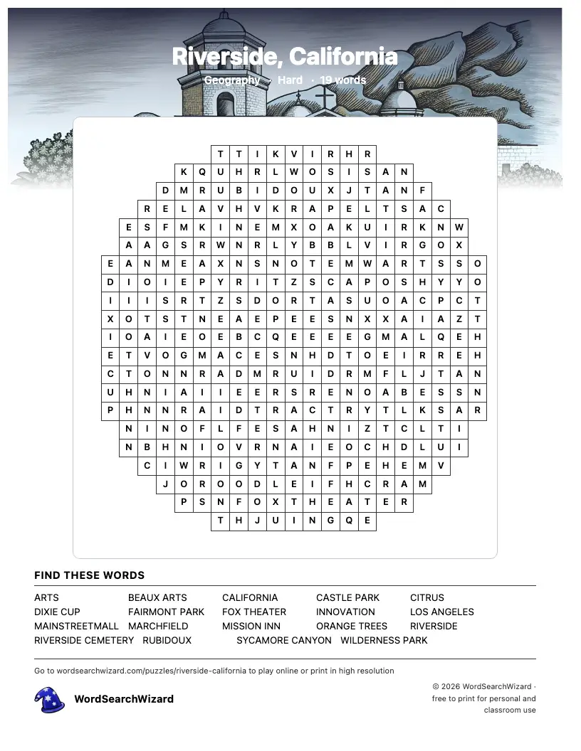 Riverside, California word search printable sheet, 19 words to find
