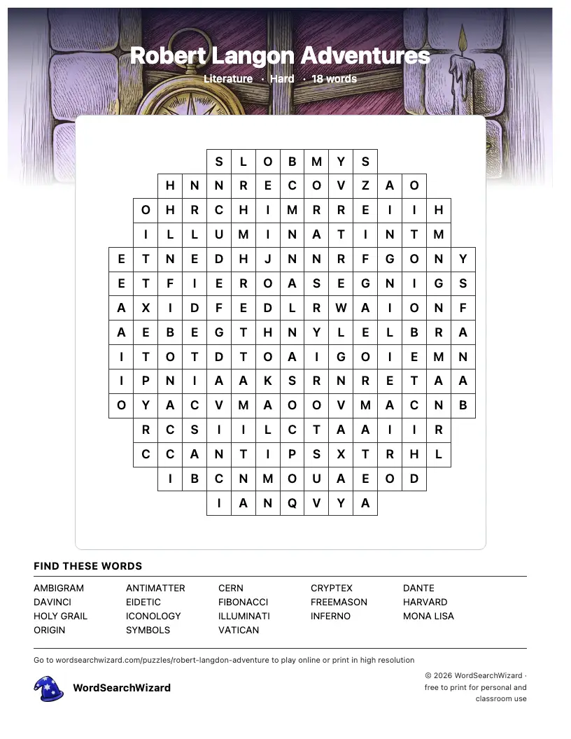 Robert Langon Adventures word search printable sheet, 18 words to find
