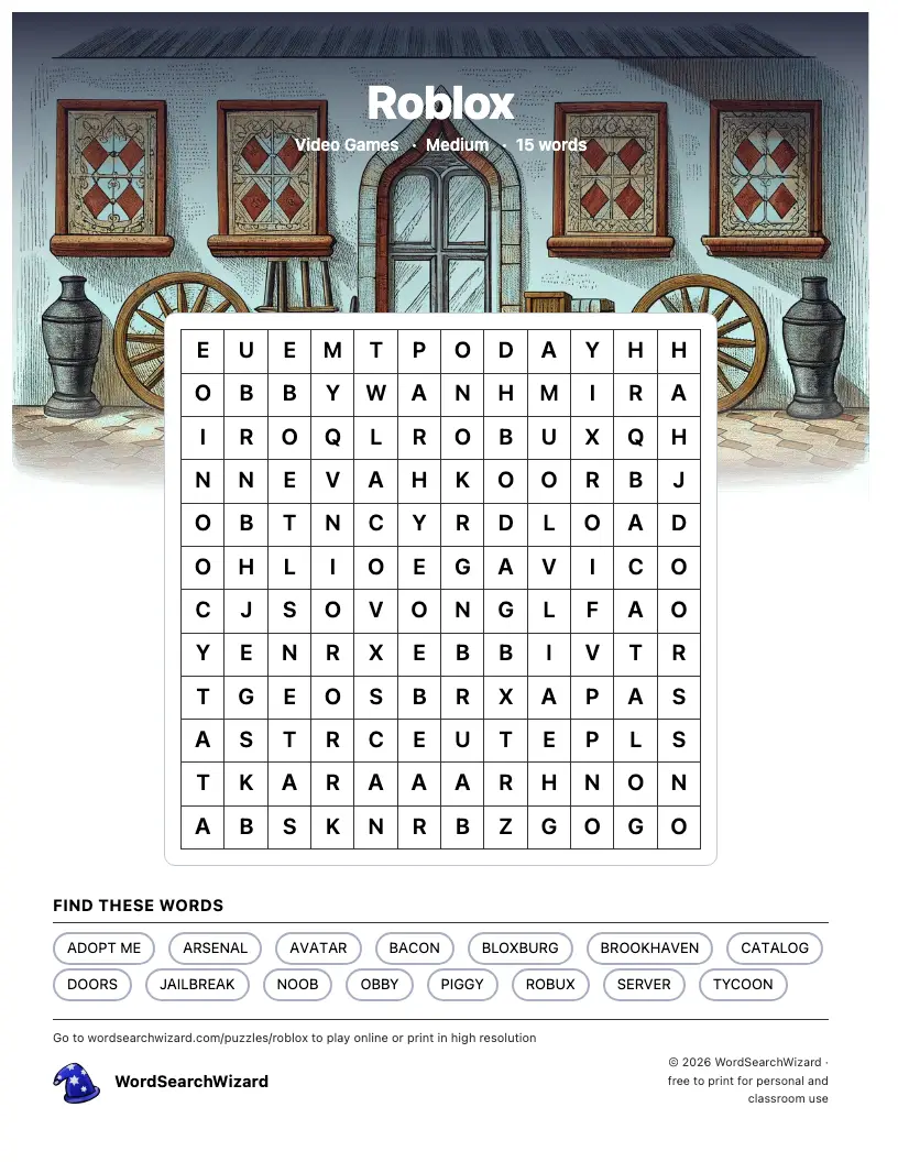 Roblox word search printable sheet, 15 words to find