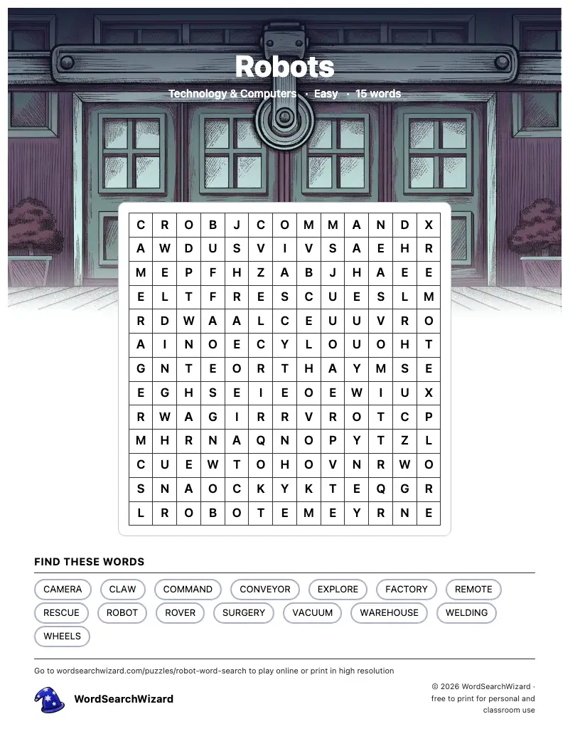 Robots word search printable sheet, 15 words to find