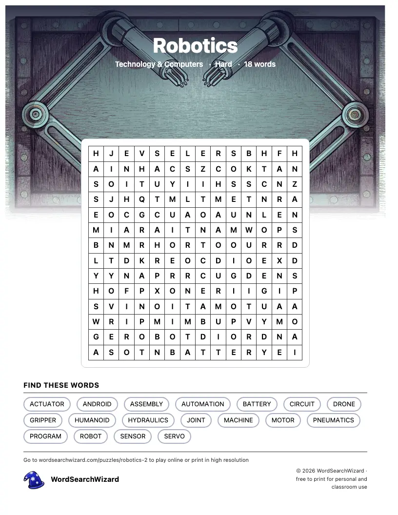 Robotics word search printable sheet, 18 words to find