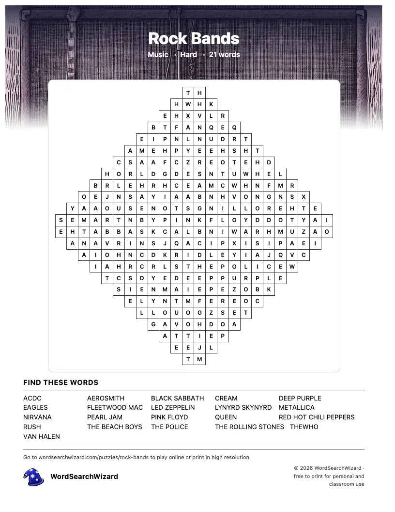 Rock Bands word search printable sheet, 21 words to find
