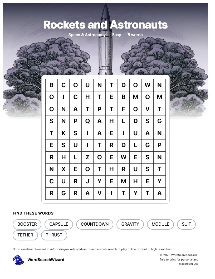 Rockets and Astronauts word search printable sheet, 8 words to find