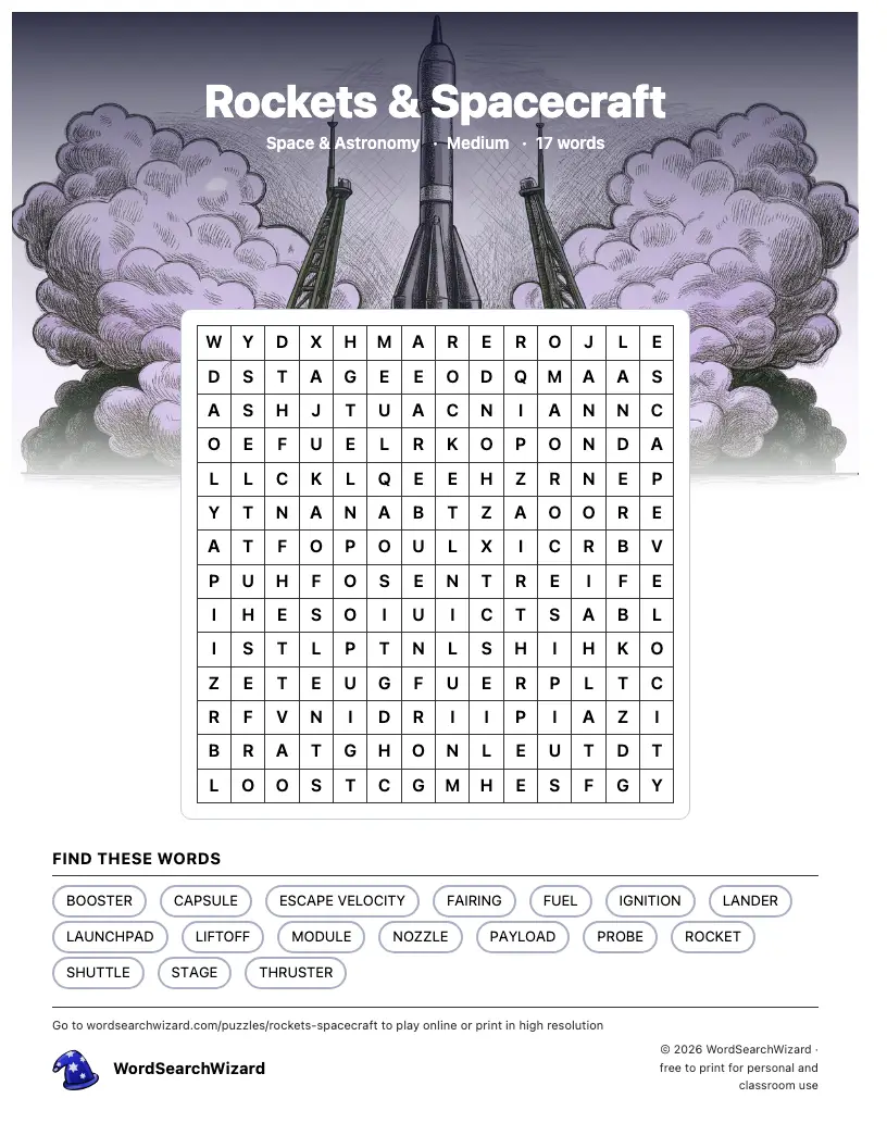 Rockets & Spacecraft word search printable sheet, 17 words to find