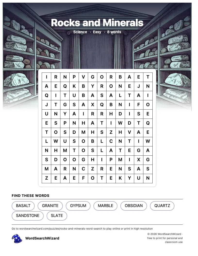 Rocks and Minerals word search printable sheet, 8 words to find