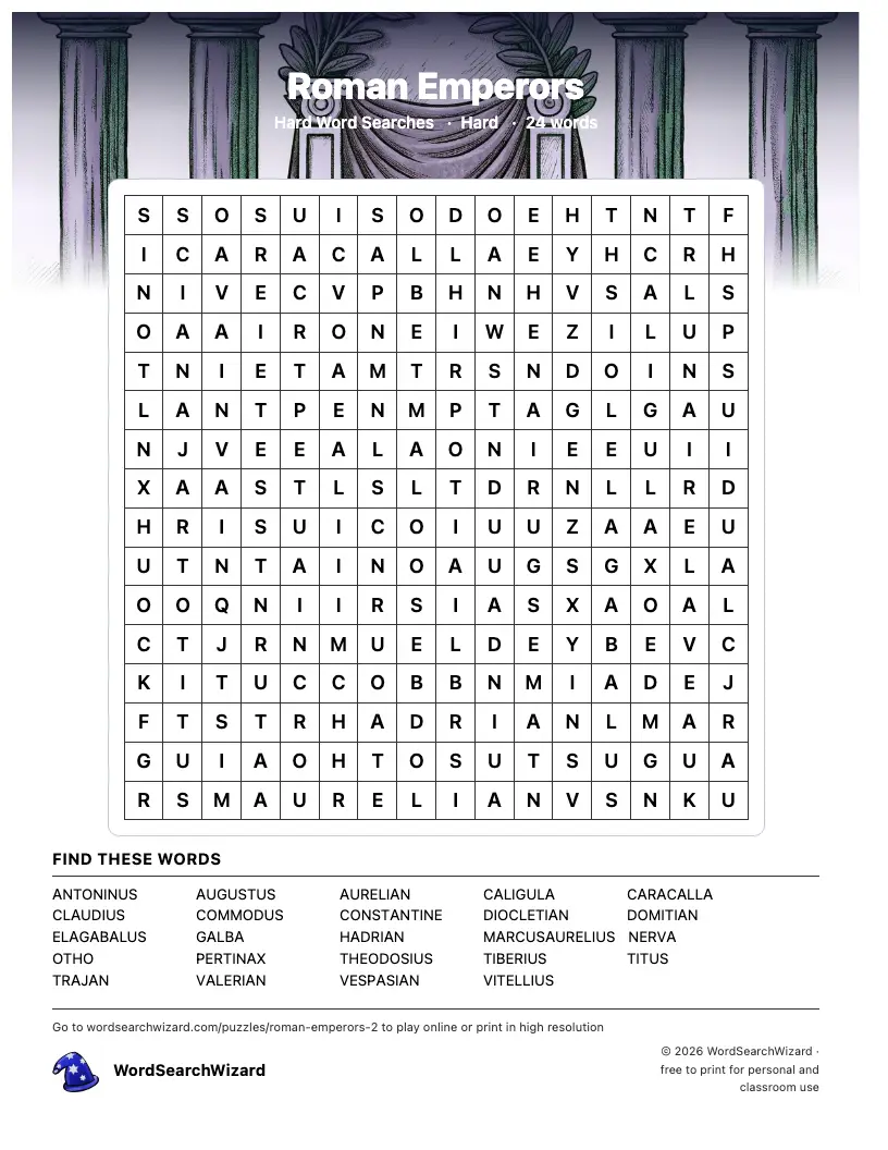 Roman Emperors word search printable sheet, 24 words to find