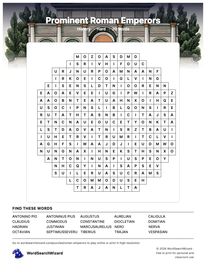 Prominent Roman Emperors word search printable sheet, 20 words to find