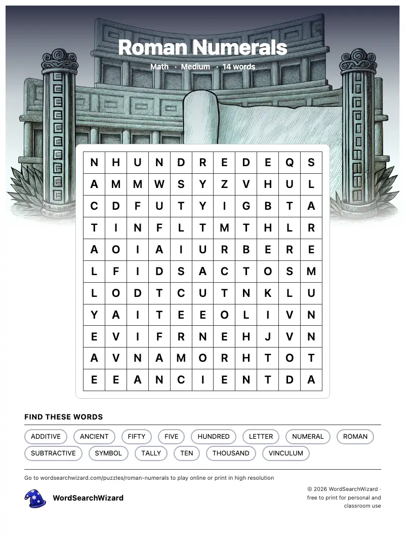 Roman Numerals word search printable sheet, 14 words to find