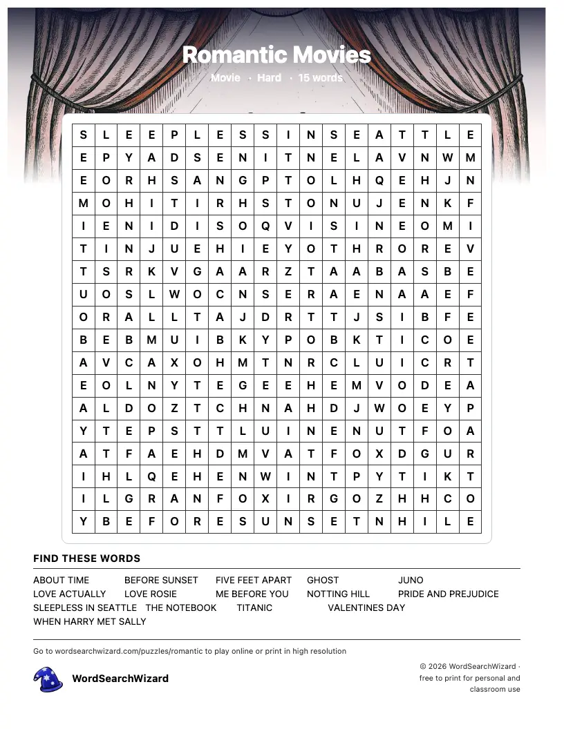 Romantic Movies word search printable sheet, 15 words to find