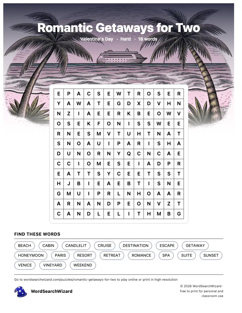 Romantic Getaways for Two word search printable sheet, 18 words to find