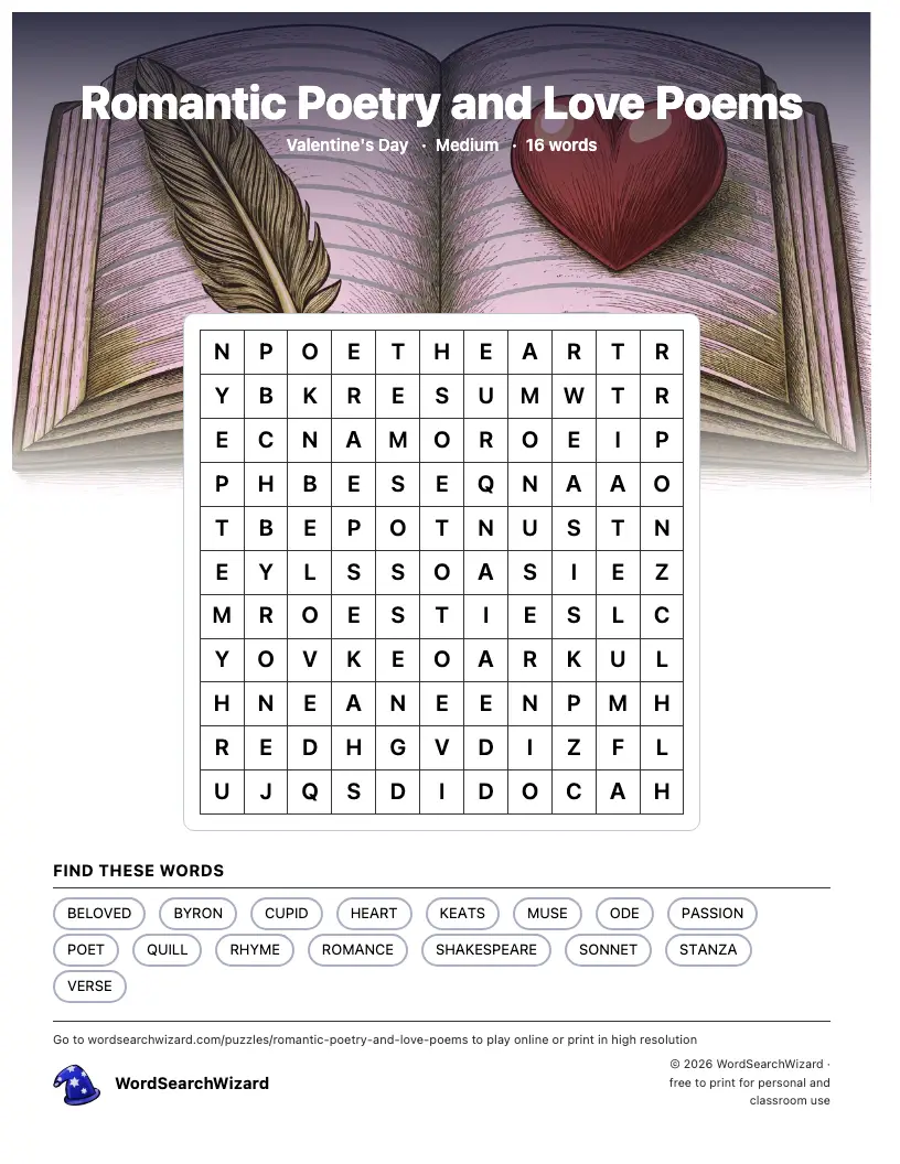 Romantic Poetry and Love Poems word search printable sheet, 16 words to find