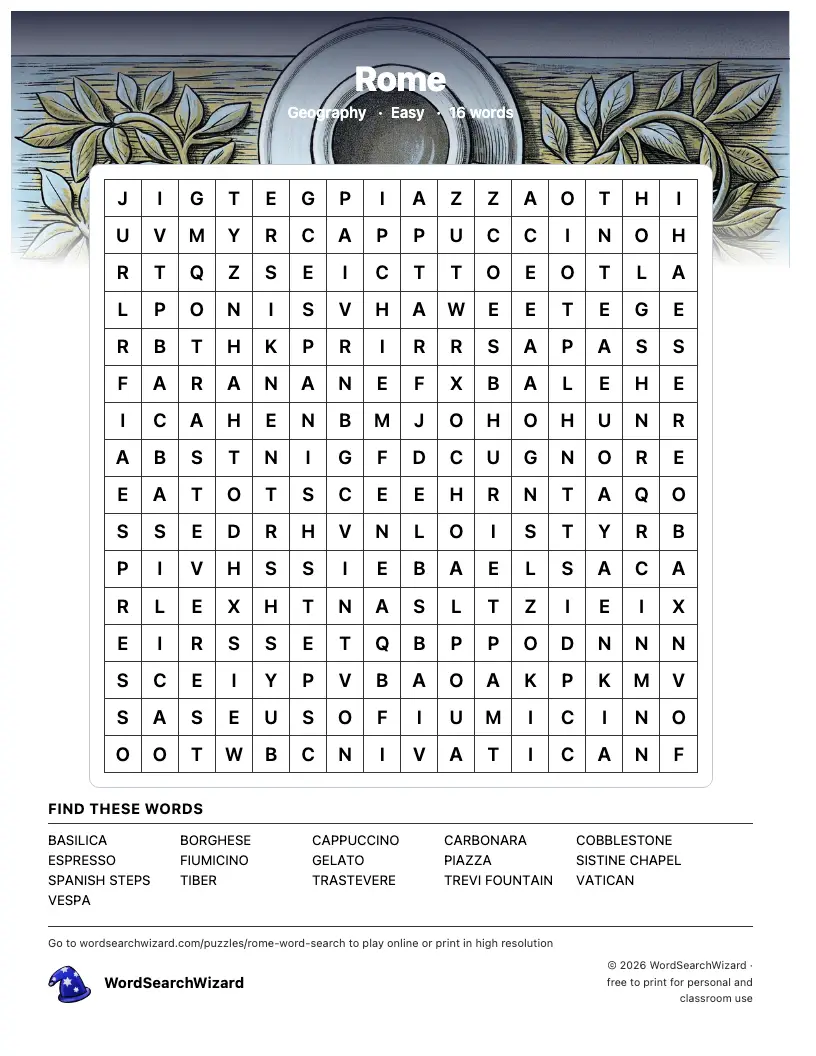 Rome word search printable sheet, 16 words to find