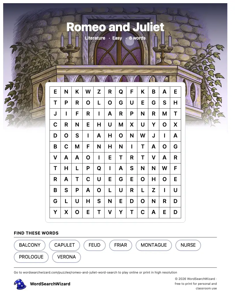 Romeo and Juliet word search printable sheet, 8 words to find
