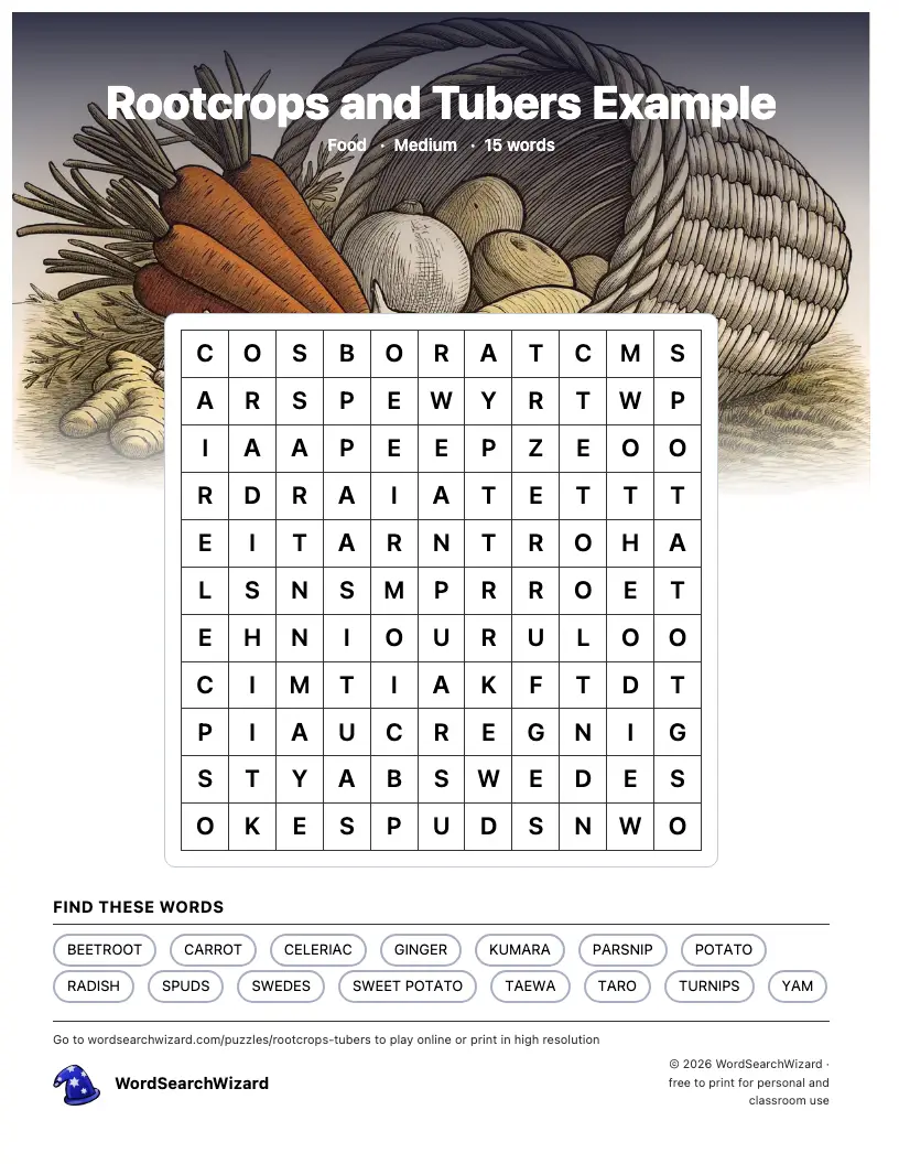 Rootcrops and Tubers Example word search printable sheet, 15 words to find