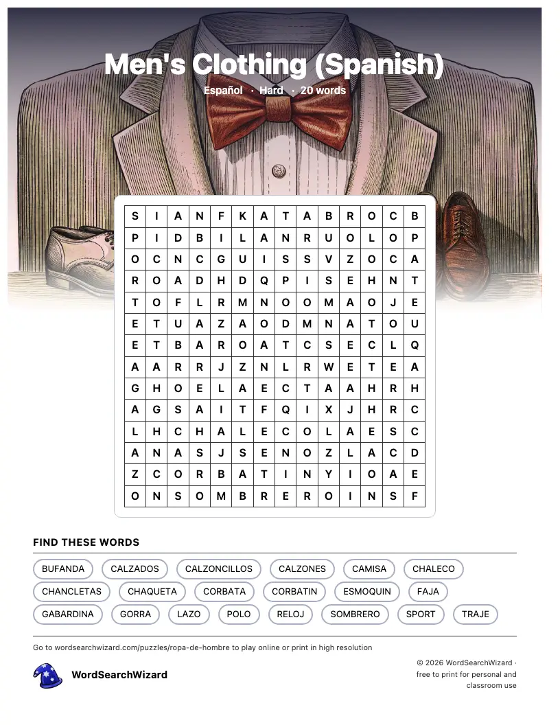 Men's Clothing (Spanish) word search printable sheet, 20 words to find