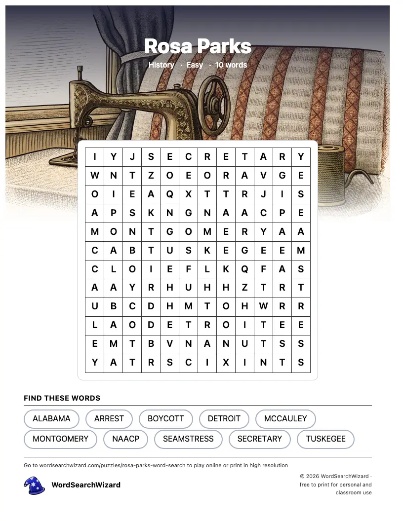 Rosa Parks word search printable sheet, 10 words to find