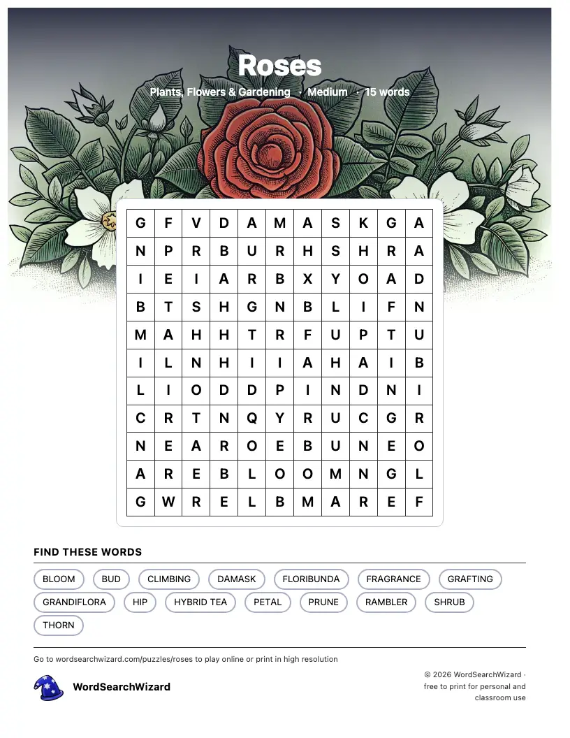 Roses word search printable sheet, 15 words to find