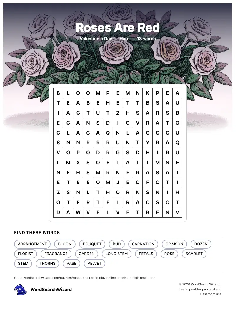 Roses Are Red word search printable sheet, 18 words to find