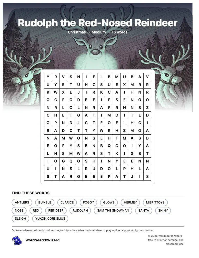 Rudolph the Red-Nosed Reindeer word search printable sheet, 16 words to find