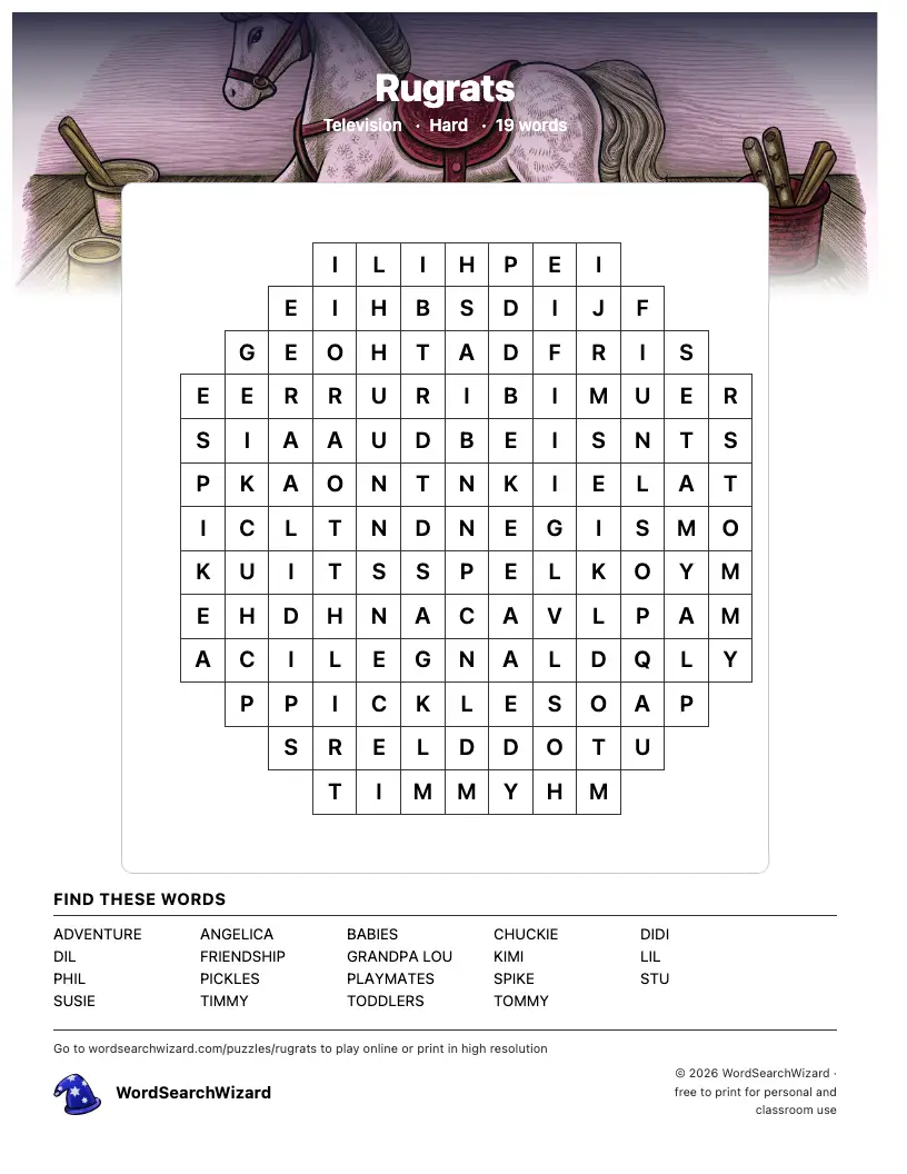 Rugrats word search printable sheet, 19 words to find