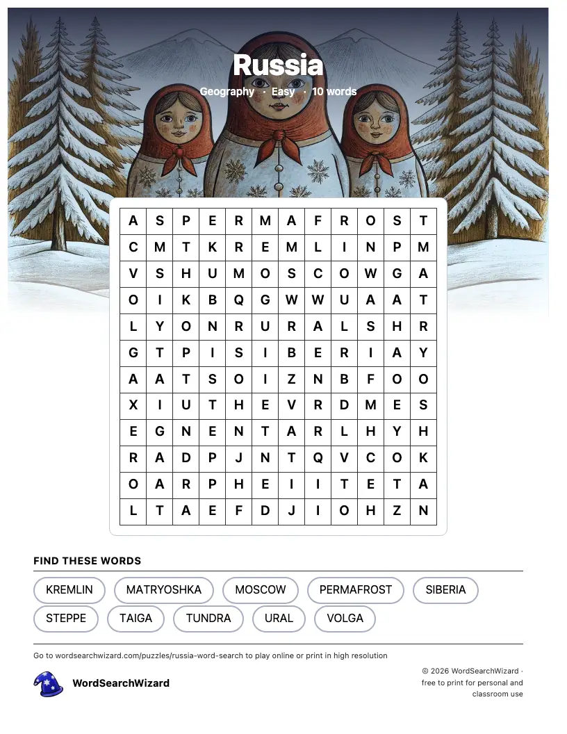 Russia word search printable sheet, 10 words to find