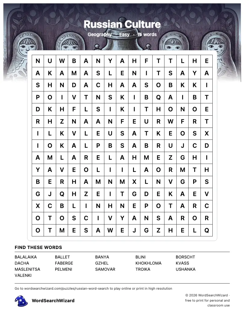Russian Culture word search printable sheet, 16 words to find
