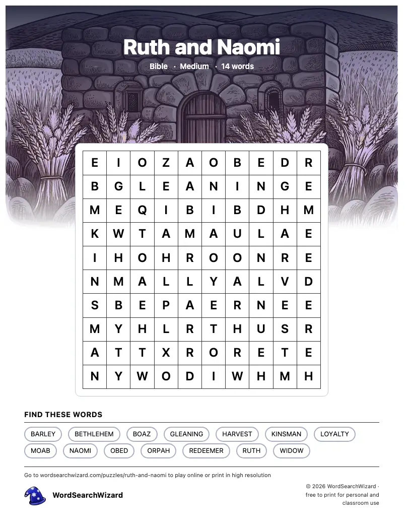 Ruth and Naomi word search printable sheet, 14 words to find