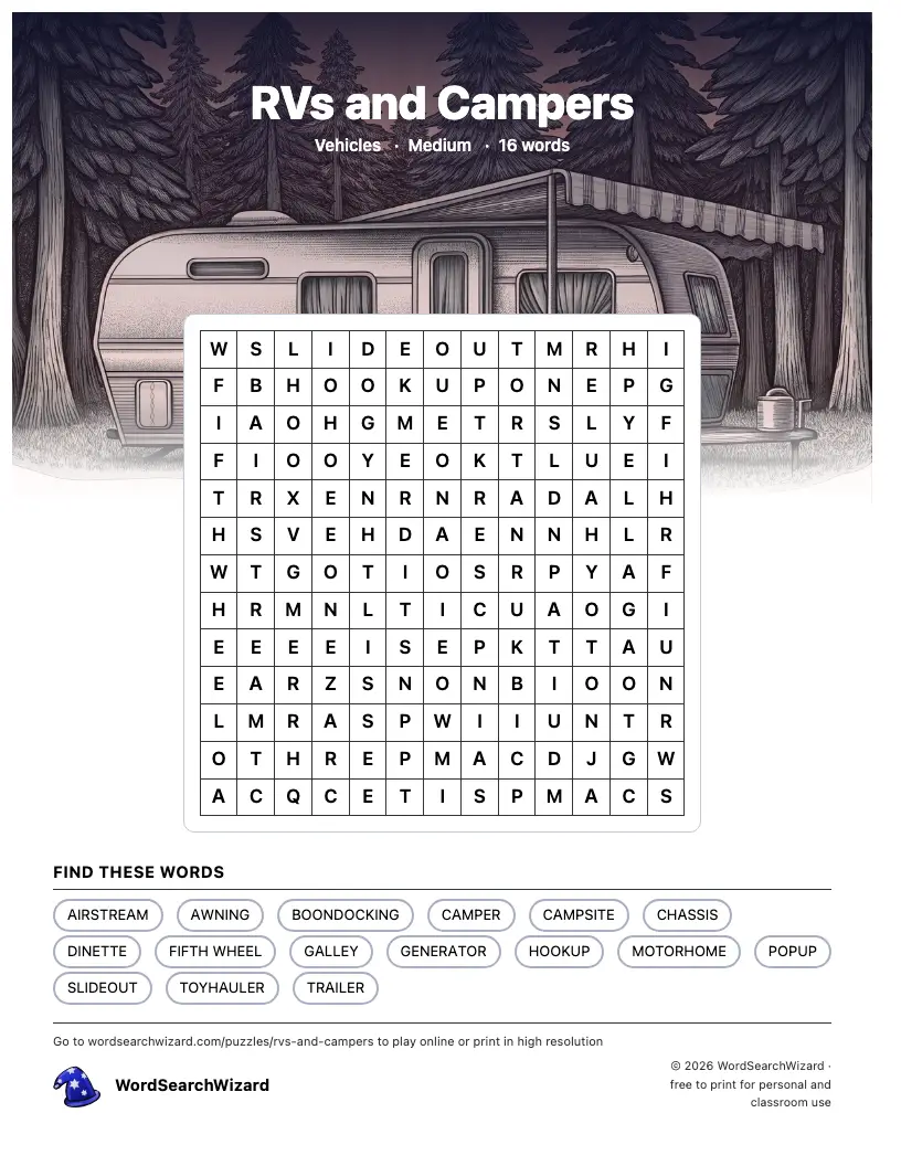 RVs and Campers word search printable sheet, 16 words to find