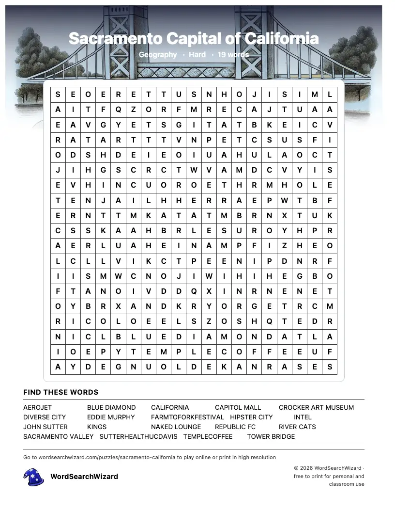 Sacramento Capital of California word search printable sheet, 19 words to find