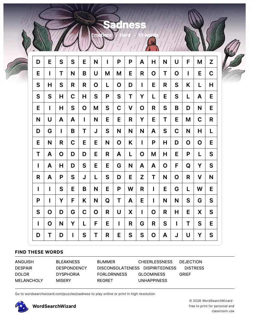 Sadness word search printable sheet, 19 words to find