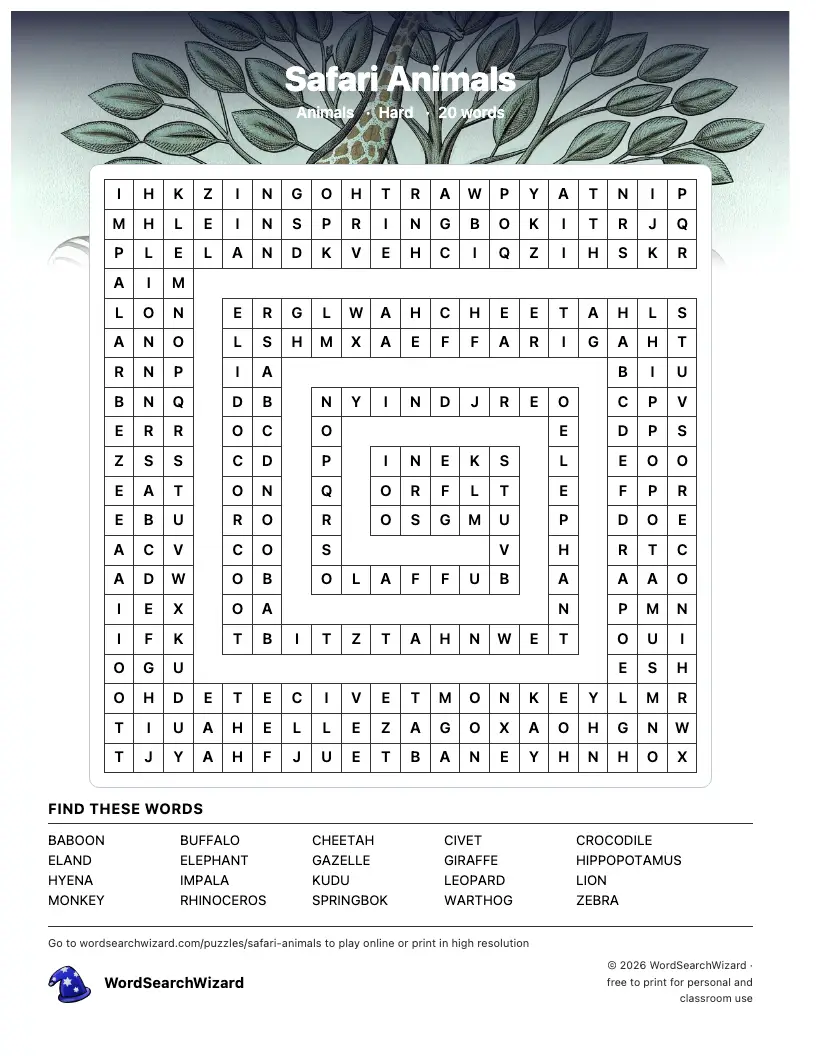 Safari Animals word search printable sheet, 20 words to find