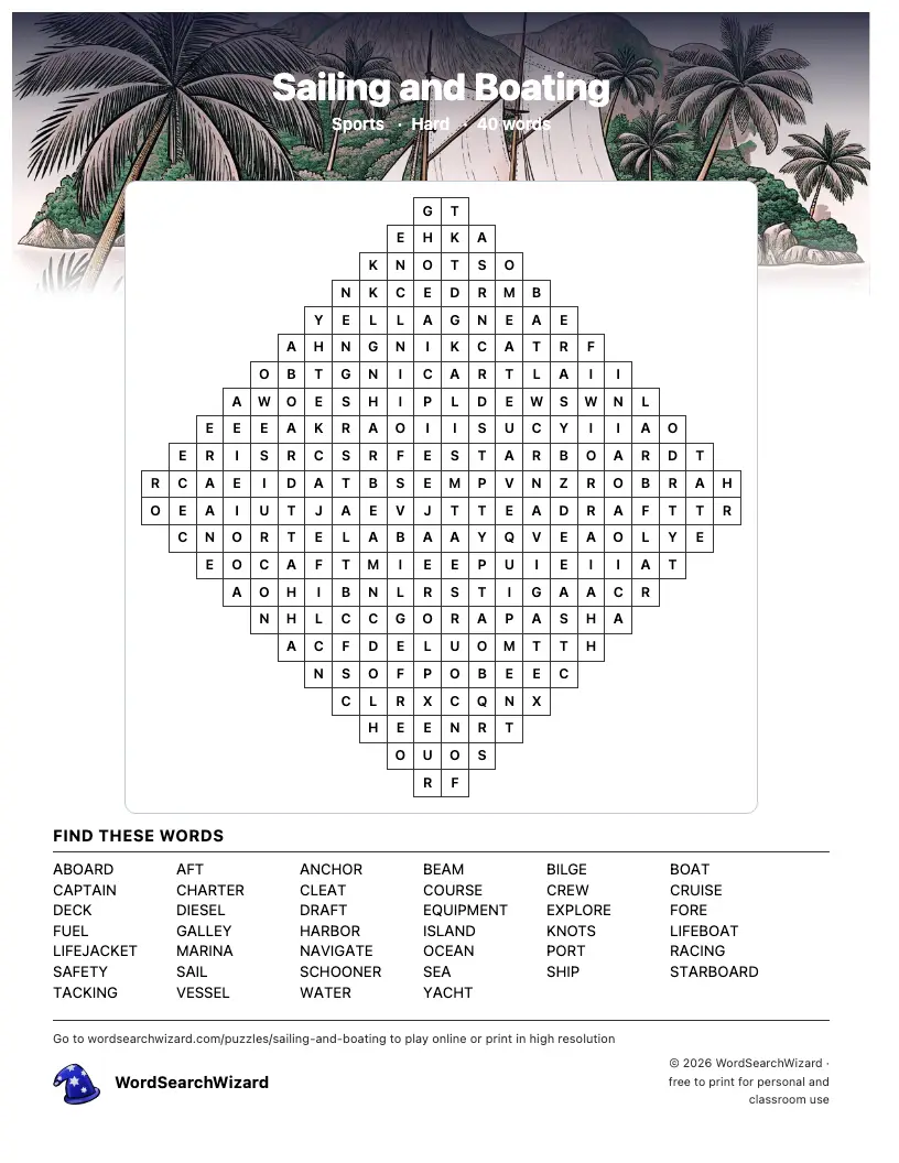 Sailing and Boating word search printable sheet, 40 words to find