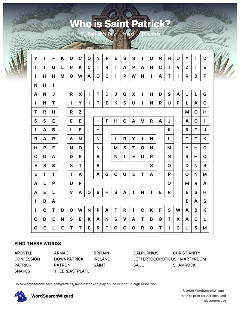 Who is Saint Patrick? word search printable sheet, 17 words to find